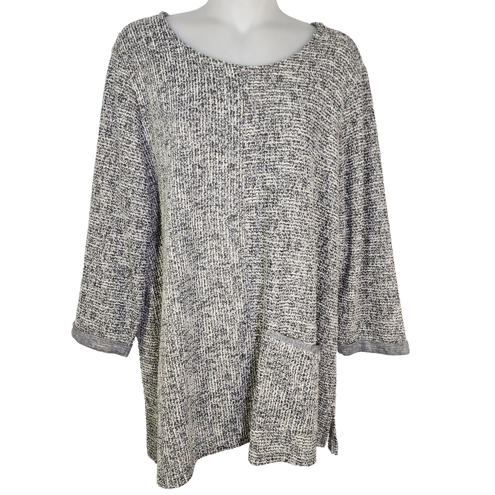 Chico’s Tunic Top Womens Size 2 Large Gray Silver Knit Shimmer Pocket 3/4 Sleeve